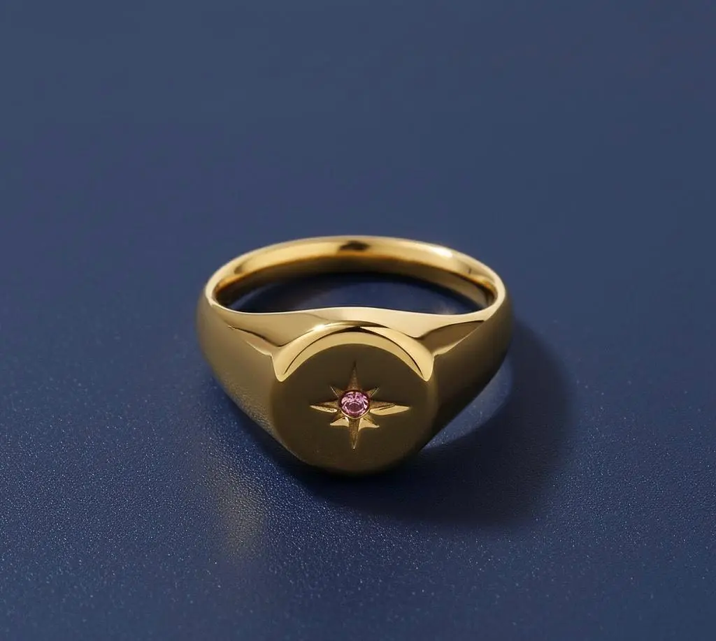 Bague sceau ronde pierre rose